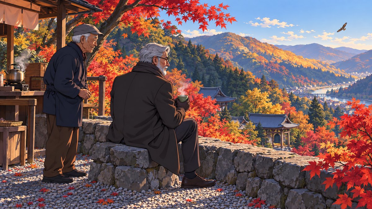Henry sits on a low stone wall with a steaming cup, an old stallholder in a flat cap beside his kettle, and a hawk turning over a valley of red and gold hills with a river far below.