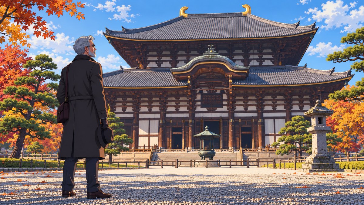 Henry on the gravel before the vast wooden Great Buddha Hall at Nara, his hat in his hand, a bronze incense burner and a stone lantern in front of it and pines and maples either side.