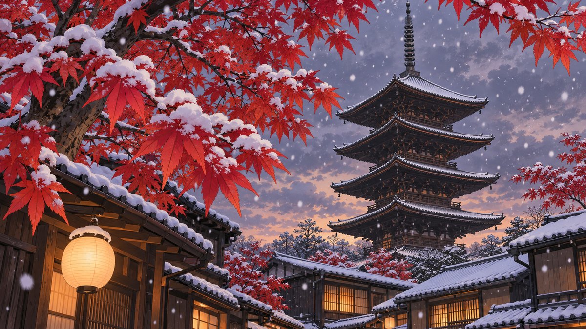 First snow settling on the red leaves of a maple above tiled roofs and a glowing paper lantern, the five roofs of a wooden pagoda rising behind against a dusk sky.