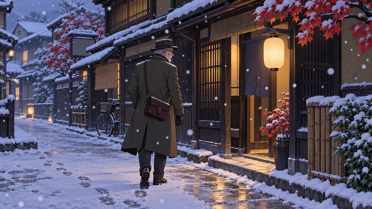 Henry in a hat and overcoat walking through falling snow along a lane of dark wooden houses towards a lit paper lantern over a doorway, his footprints behind him in the snow.