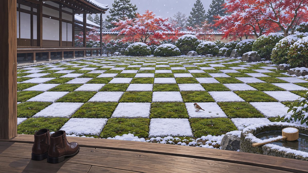 A chequerboard garden of moss and snow-covered stone squares seen from a wooden veranda, a sparrow on one square, a pair of boots on the boards and a stone water basin with a ladle.