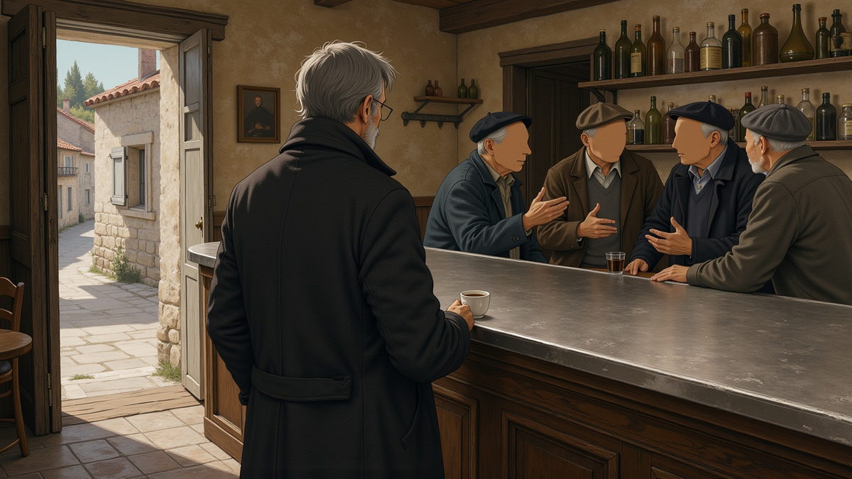 The one bar in the village before evening, a few men along the zinc counter and bottles on the shelf behind.