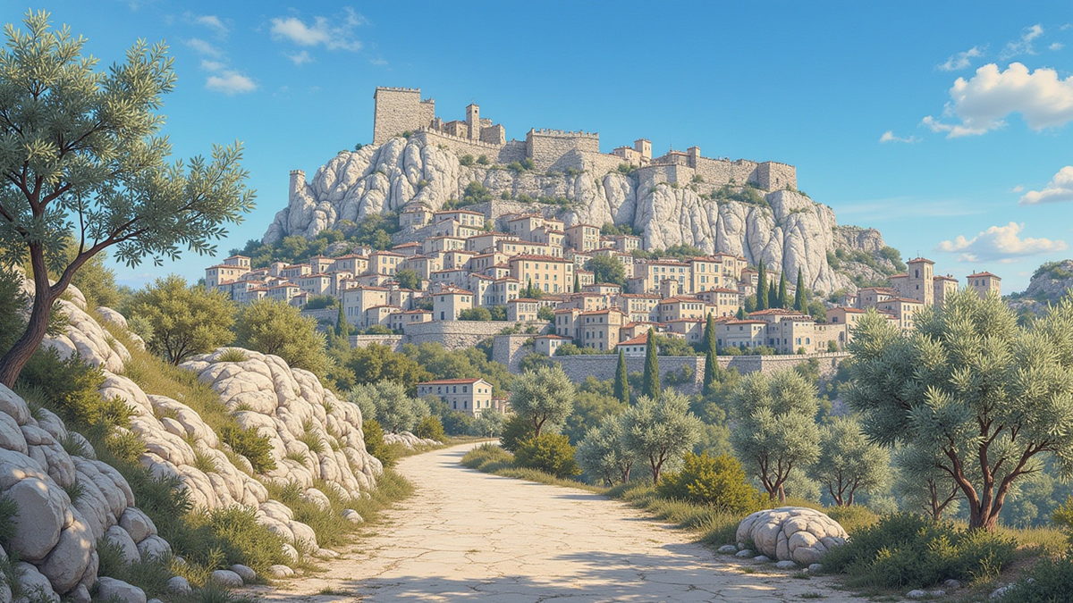 Les Baux on its hill in bright daylight, pale stone ruins rising above olive scrub and rock.