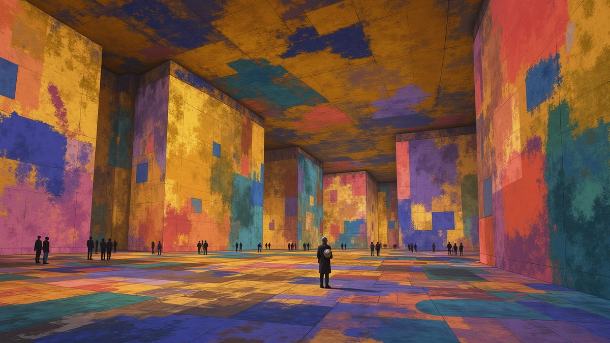 A vast quarry hall washed in projected colour, tiny figures standing in the light.