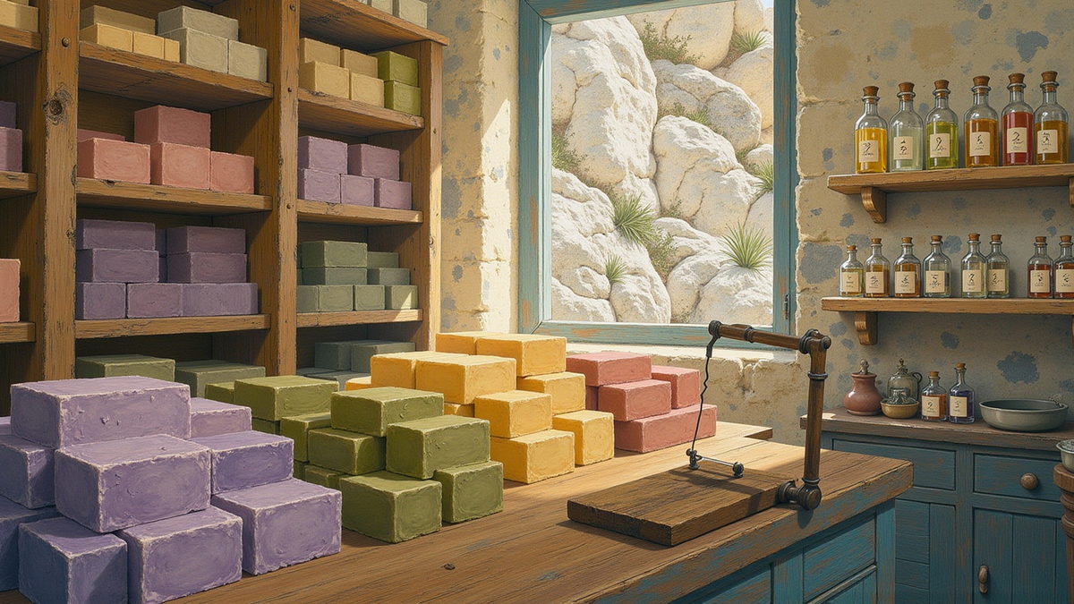 A village shop counter stacked with pastel soaps, small bottles ranged on the shelves behind.