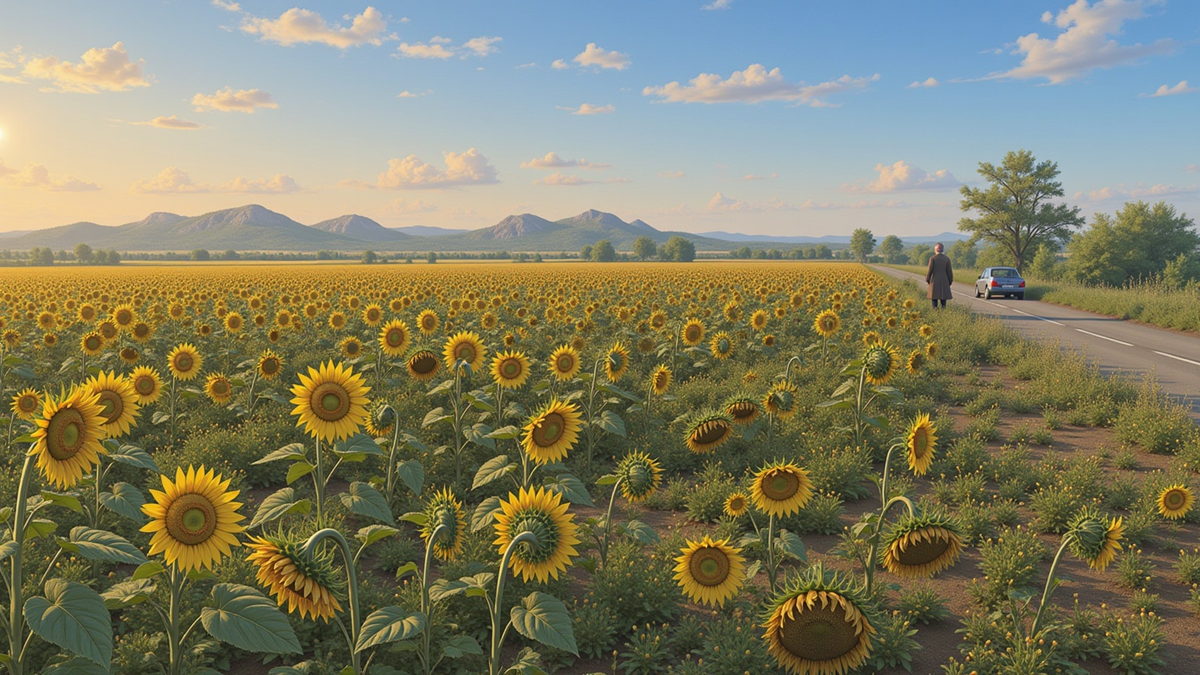 A field of sunflowers under a wide sky, low hills along the horizon.