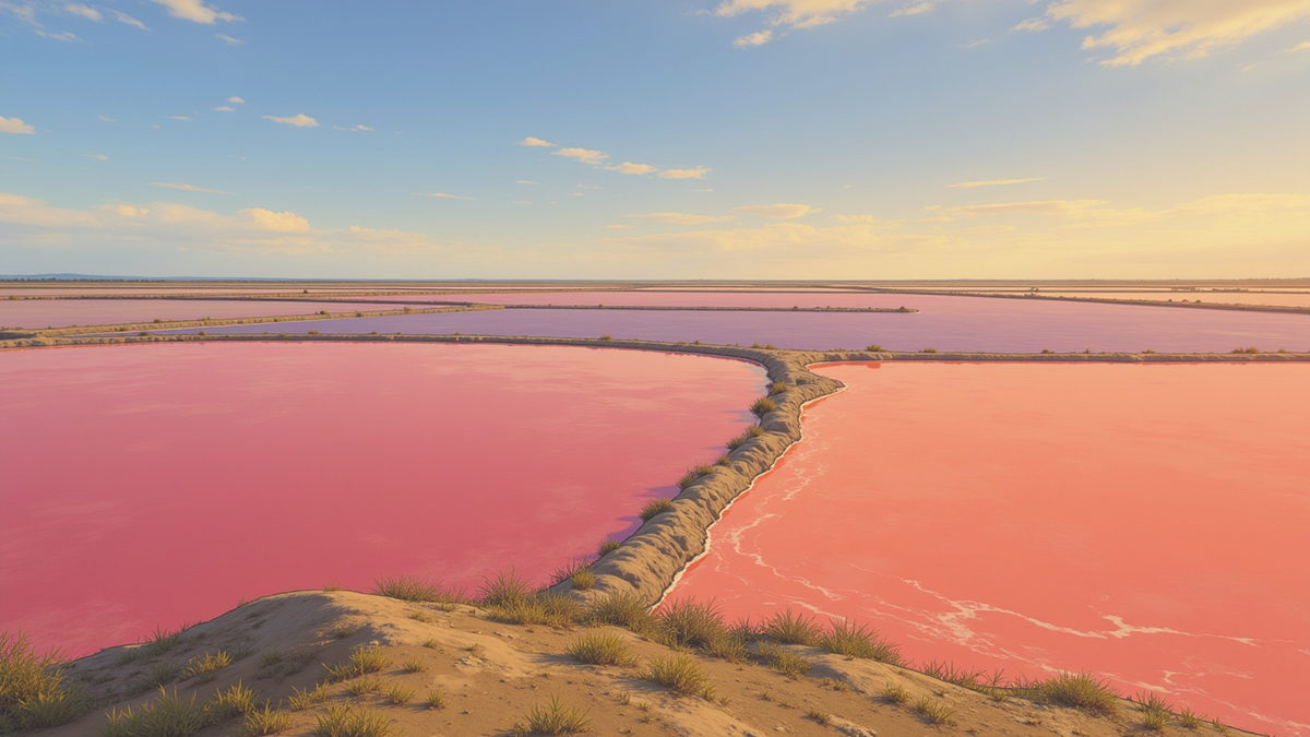 Salt pans lying flat and rose pink under a pale sky, a causeway running out across them.