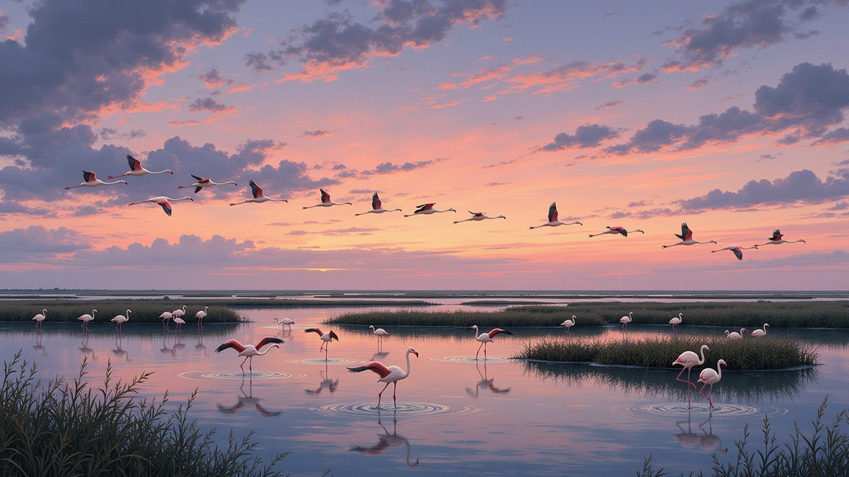 Flamingos on a lagoon at dusk, water and sky gone pink and silver together.