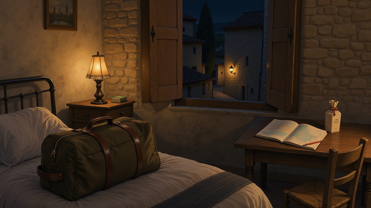 A packed bag on a bed by lamplight, an open notebook and a small bottle on the table beside it.