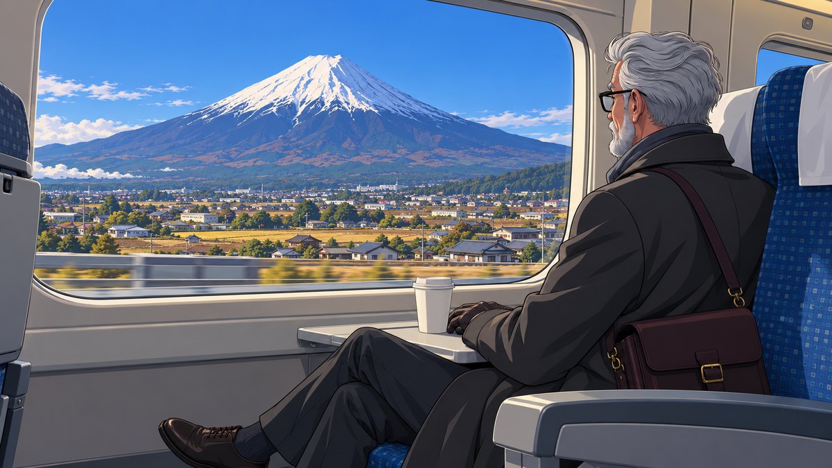 Henry in a Shinkansen seat with a full paper cup on the tray, looking out of the left-hand window at Mount Fuji, snow a third of the way down, standing alone over fields and small towns under a clear blue sky.