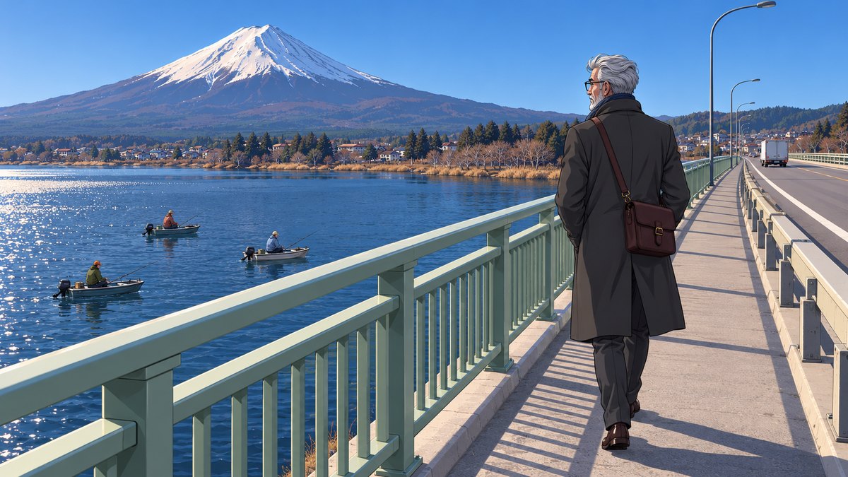 Henry walks the pavement of a long road bridge with a pale green rail across Lake Kawaguchi, three small fishing boats on the bright water below, Mount Fuji white-capped at the far end against a clear sky.