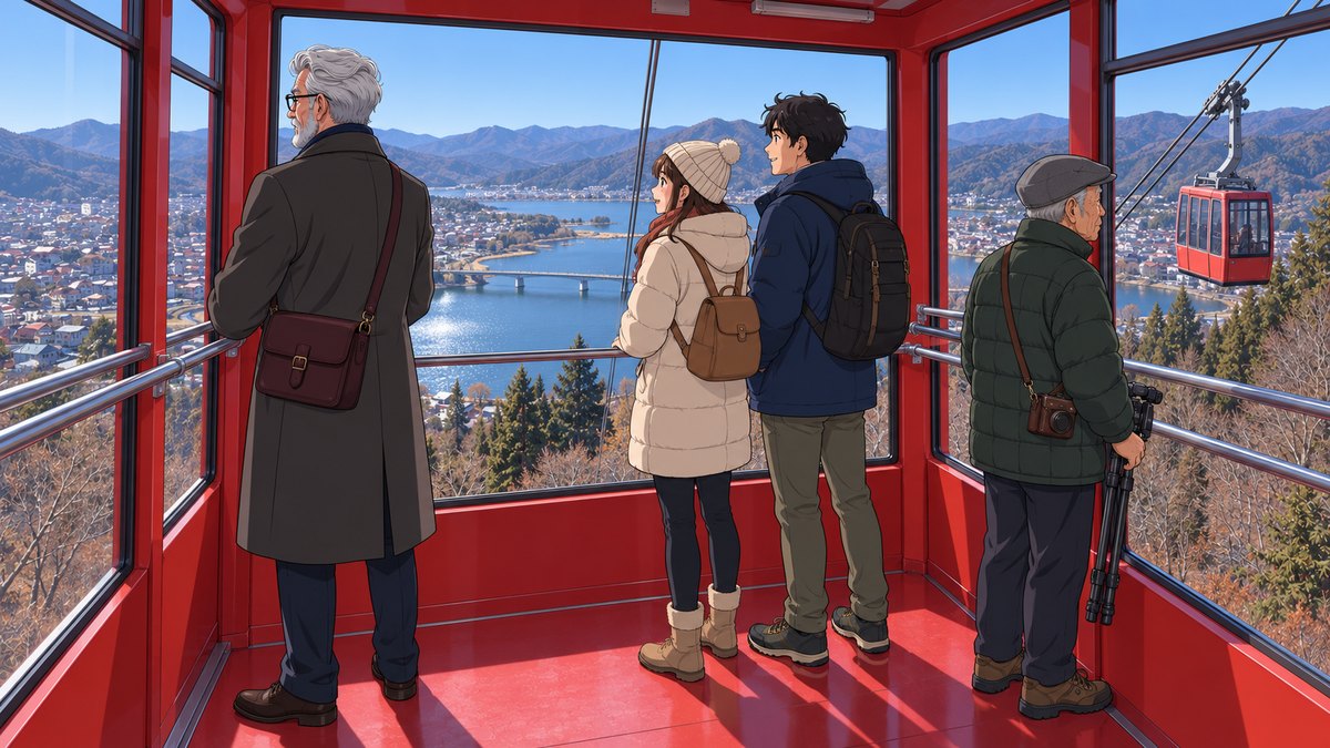 Inside a red ropeway cabin, Henry at the window with a young couple and an elderly man with a camera, the town and the lake with its long bridge spread out below, the other cabin coming down the wire.