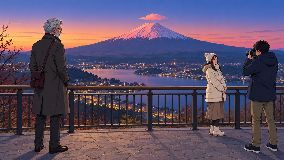 Henry at the rail of a hilltop viewing deck at sunset, Mount Fuji lit pink with one small cloud above the summit, the town lights coming on around the lake, a young couple taking a photograph beside him.