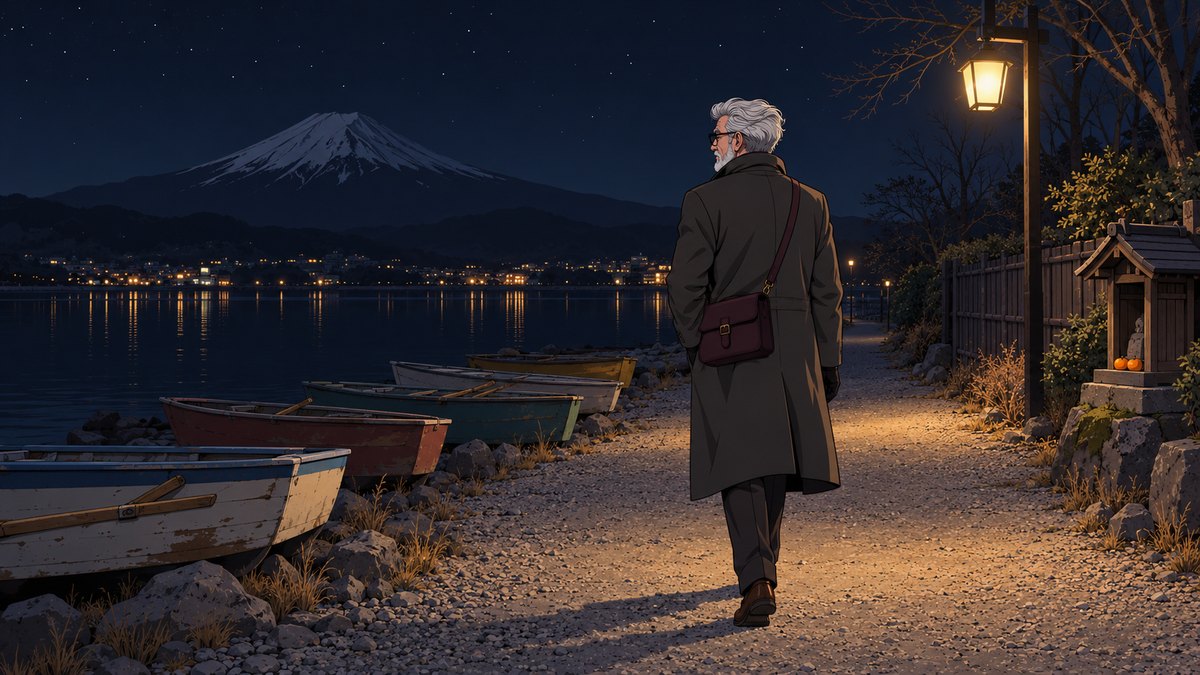 Henry walking a gravel path by the lake at night under one lamp, a row of rowing boats pulled up on the stones, a tiny wooden shrine with two oranges on its step, Mount Fuji dark against the stars.