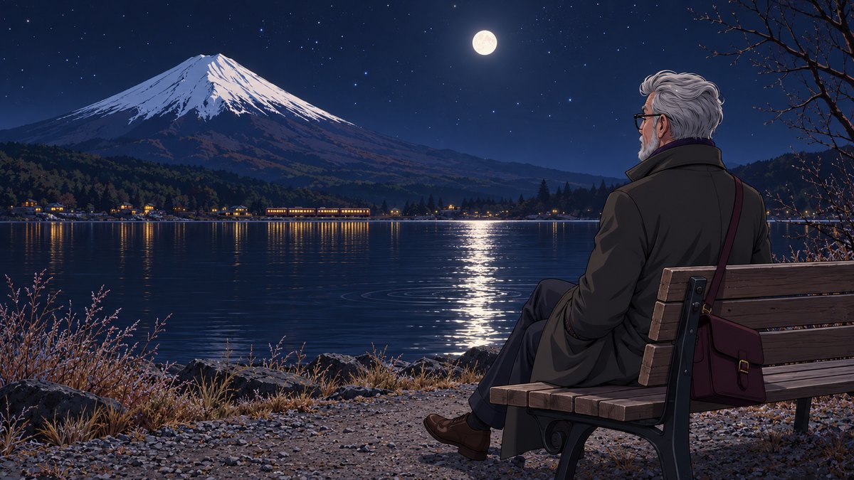 Henry on a bench by the lake at night, a full moon laying a road of light across the still water, a lit train passing along the far shore, Mount Fuji snow-capped under the stars.