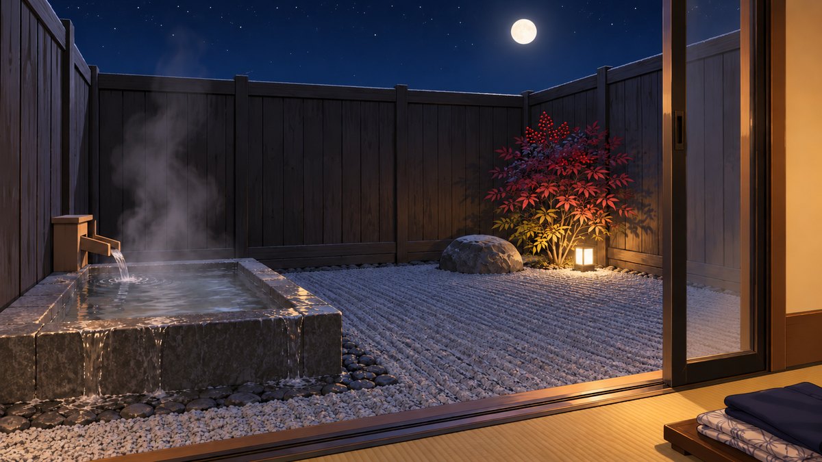 A small walled yard by moonlight: a steaming stone bath fed by a wooden spout in the near corner, raked gravel, a rock, a nandina shrub turning red, yellow and purple at once with a small lamp at its foot.