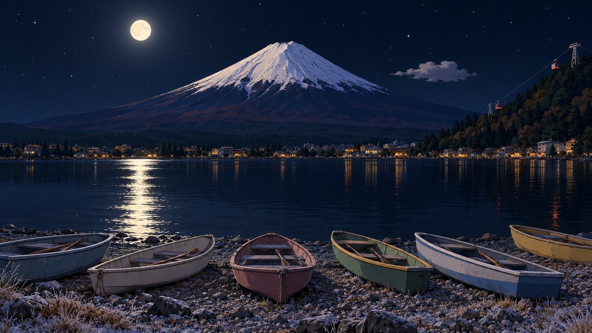 Lake Kawaguchi at night under a full moon, a row of coloured rowing boats pulled up on the stony shore, the lit town along the far side, two red ropeway cabins on the hill, Mount Fuji white above them all.