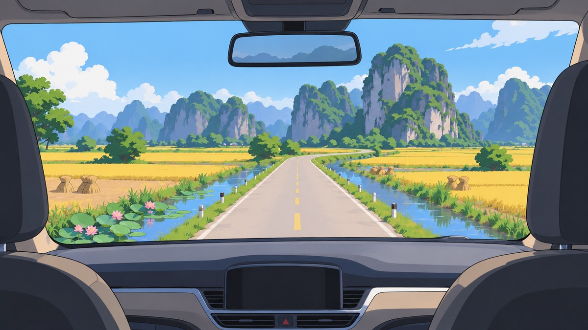 The dead-straight raised road south from Hanoi across flat wet rice fields, and beyond the bend ahead the first grey limestone towers standing up out of the fields.