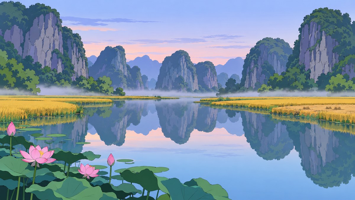 Fog lying along the river in long grey banks before sunrise, the limestone towers rising out of it with no feet so that they seem to float, every tower doubled in the flat water.