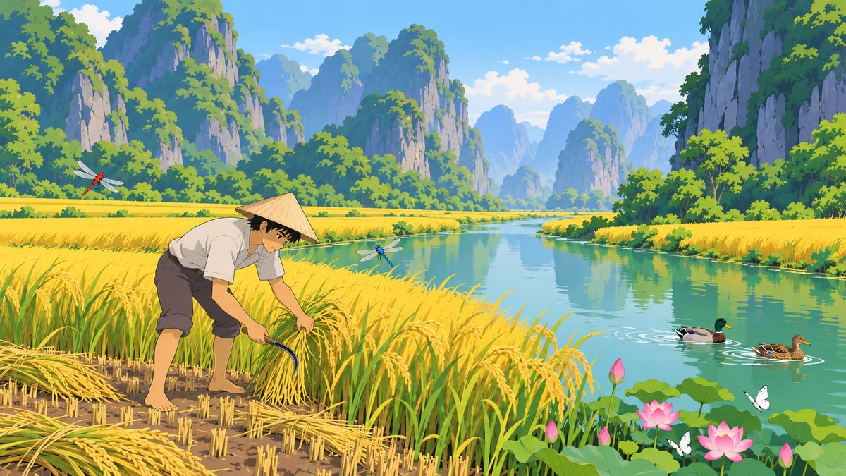 Gold rice coming right down to the river bank, a farmer in a straw hat bent over cutting it by hand with a small curved blade, dragonflies hanging over the crop.