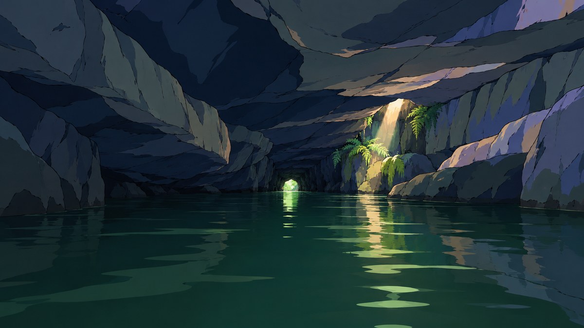 Looking ahead from inside the river cave to a spot of green daylight at the far end, a shaft of light falling on wet rock where ferns grow straight out of the stone.