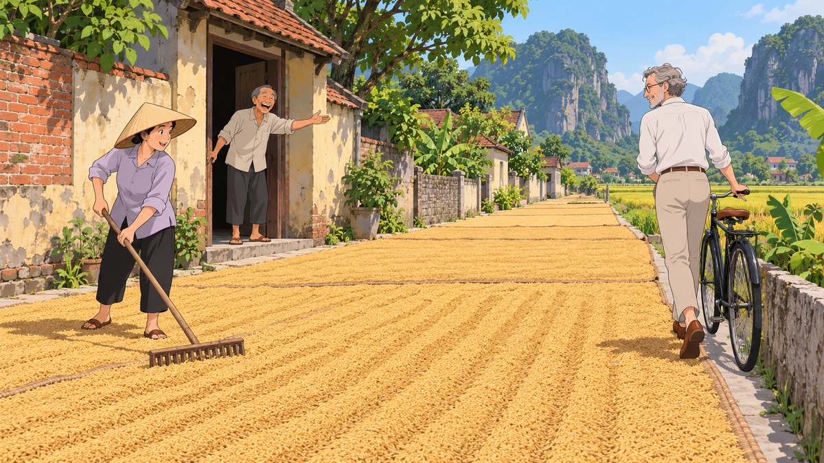 Harvest rice spread to dry on mats across the whole width of a village lane, a gold carpet, a woman in a conical hat pulling long lines through it with a wooden rake.