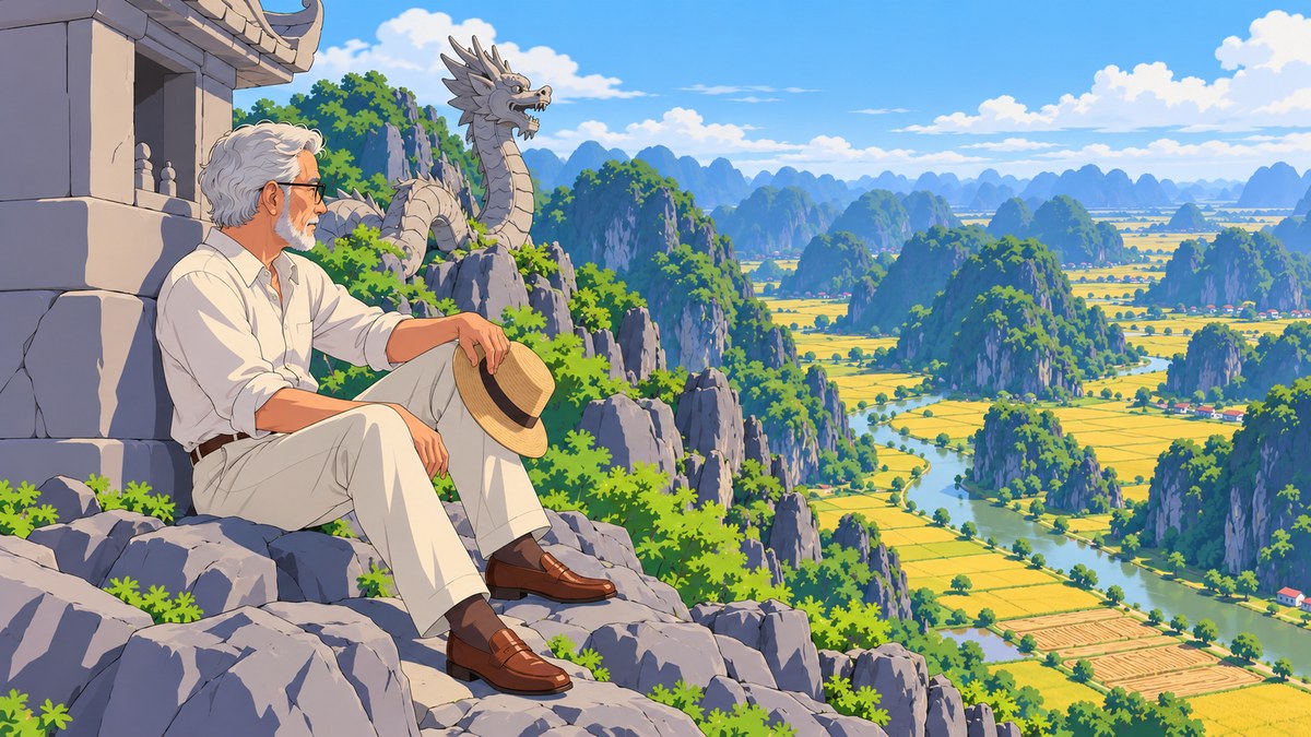 Henry seated on warm bare rock with his back against the wall of a small stone shrine on the summit of Hang Mua hill, his sleeves rolled, getting his breath back.