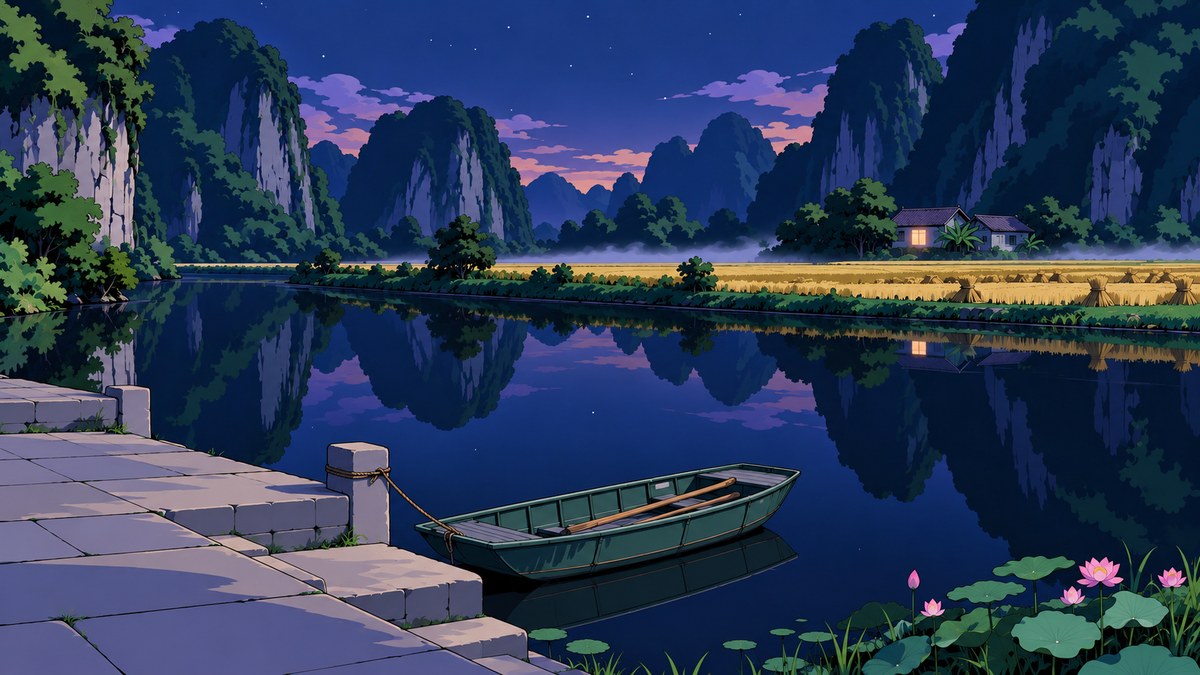 The empty pier at night, a small flat rowing boat tied below it with the oars shipped, the river black and flat with the towers doubled in it, one lamp lit across the fields.