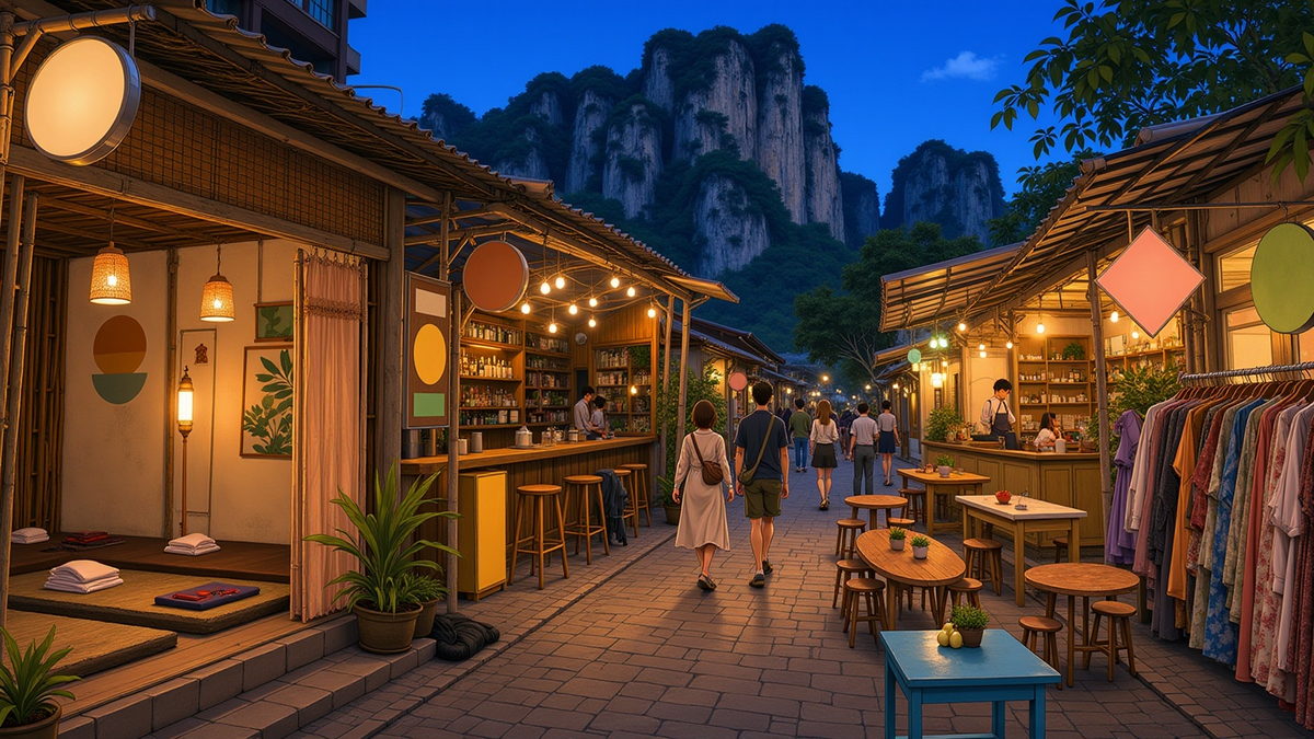 The one street through the town at dusk, massage places and open-fronted bars, a cook working over a griddle.
