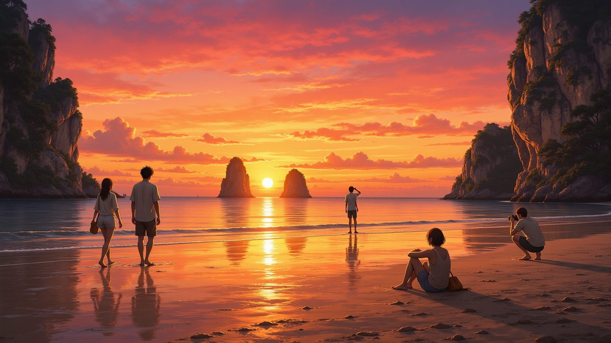 The long sunset from the west beach, people standing about in the shallows, the towers going flat and black against the light.