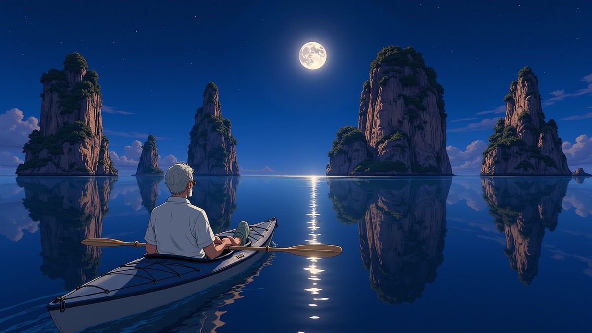 A kayak on still water under the moon, the limestone towers standing on their own reflections.