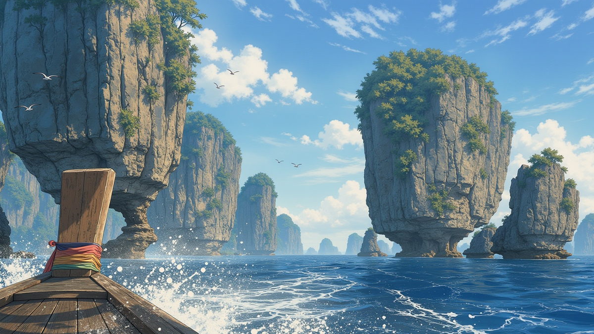 The boat crossing from Krabi, limestone towers rising on both sides, undercut at the waterline so they seem to stand on stems too thin for them.