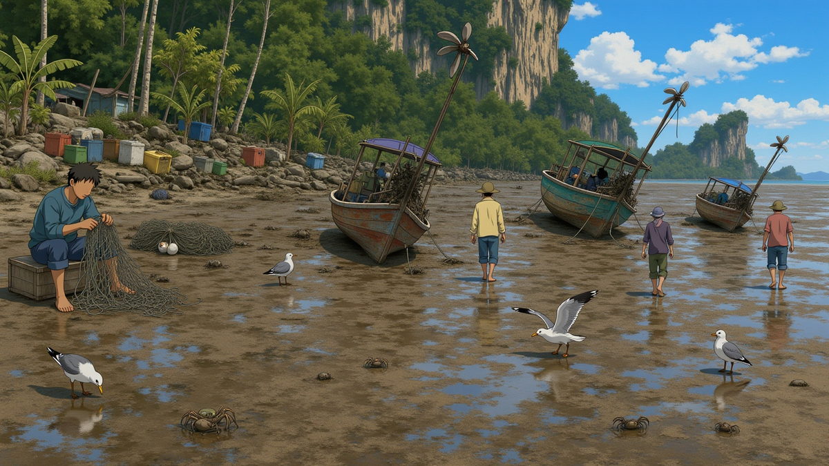 The tide side at low water, a quarter-mile of shining mud with the longtail boats lying over on their sides.