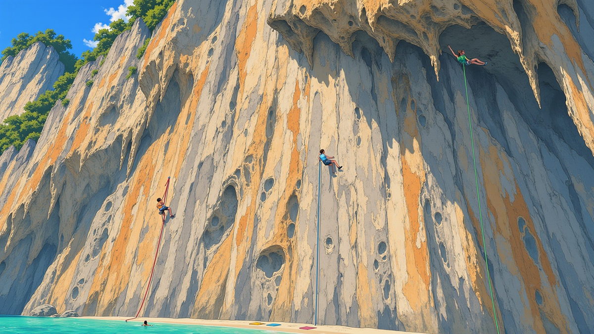 Climbers on the limestone wall above the beach, small figures spread across an overhang.