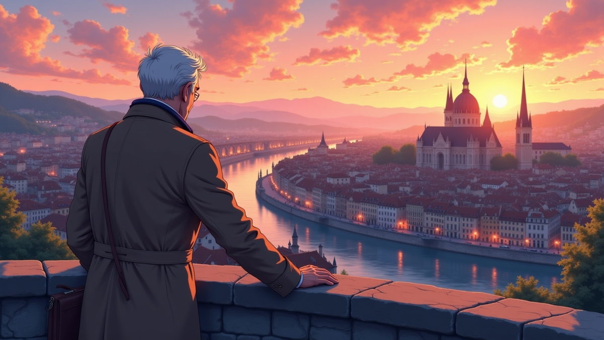 Henry at a stone parapet above the Saone at sunset, the old town and the basilica spread below him in amber light.