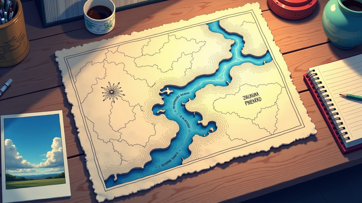 A hand-drawn map of the two rivers on a desk beside a cooling coffee and a postcard, under a bright window.