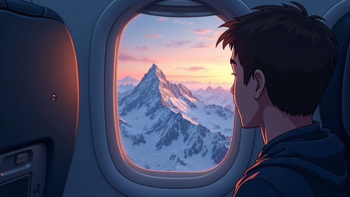A snow-covered peak framed in an aeroplane window at dusk, a passenger silhouetted against the glass.
