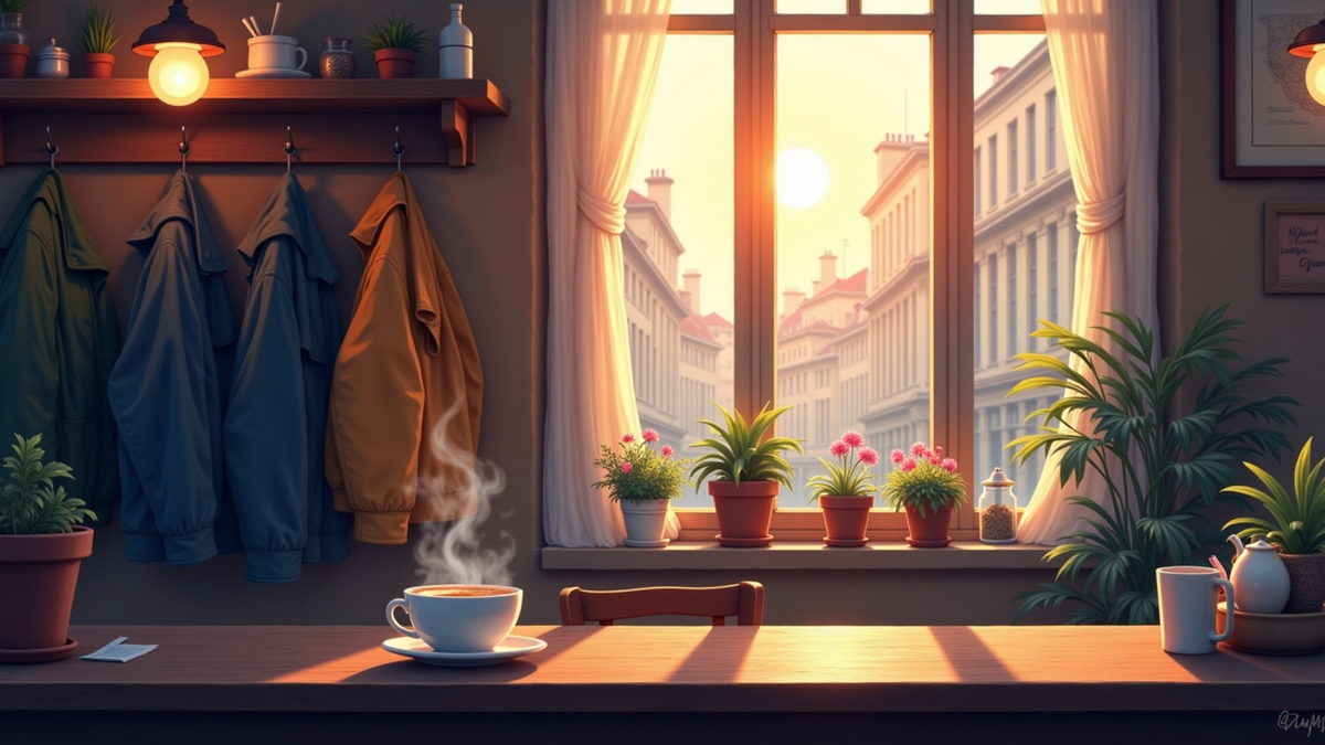A narrow cafe at first light, coats on hooks, steam off a cup on the counter and geraniums in the window.