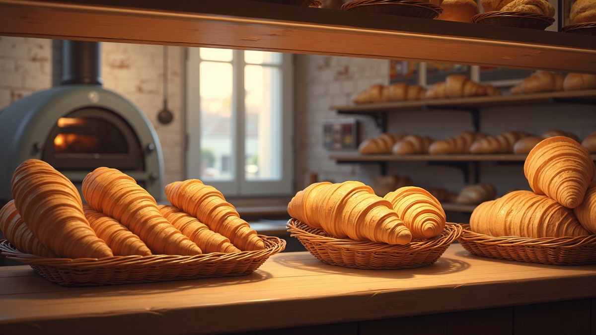 Baskets of croissants beside a brick oven, morning light through the window behind.