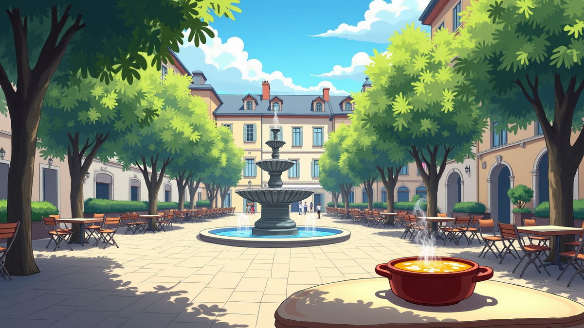 A square under plane trees at midday, a red pot of onion soup on a table beside the fountain.