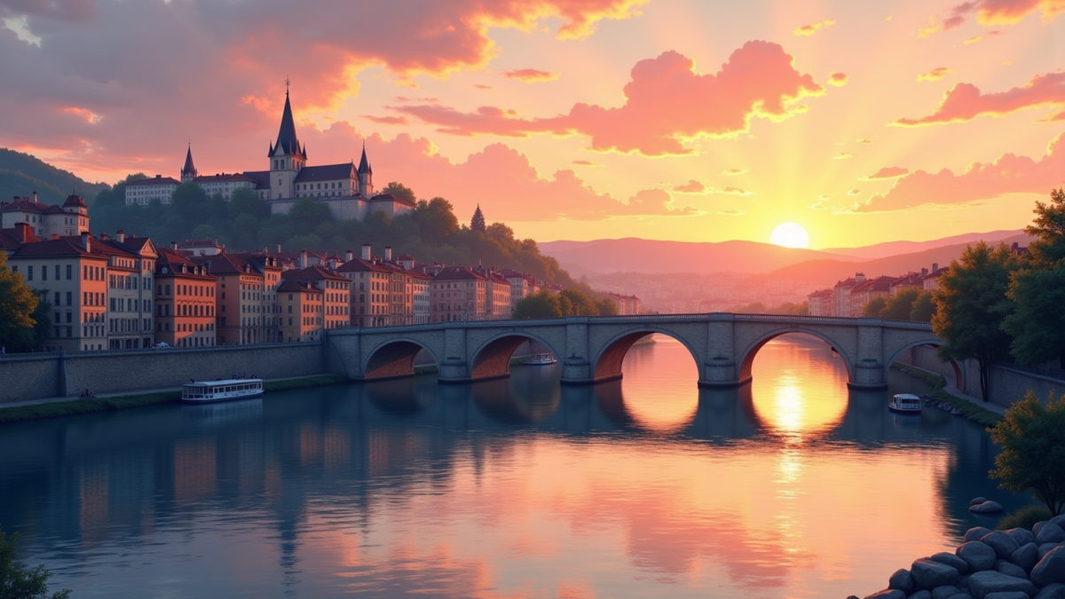 The Saone at sunset from the riverbank, a stone bridge and its arches doubled in still water.