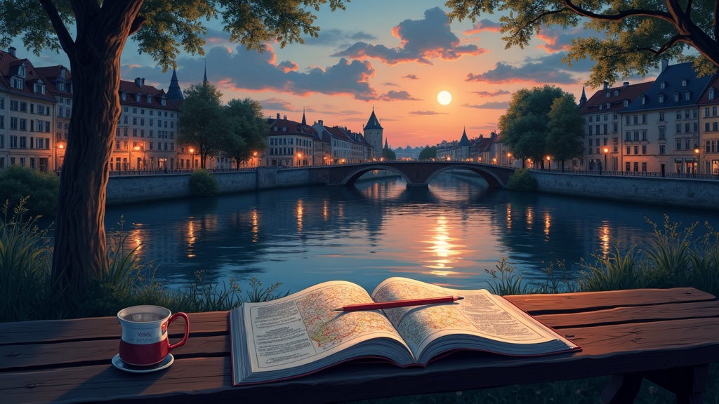 An open atlas and a coffee left on a riverside bench at dusk, the bridge and the far bank going blue.