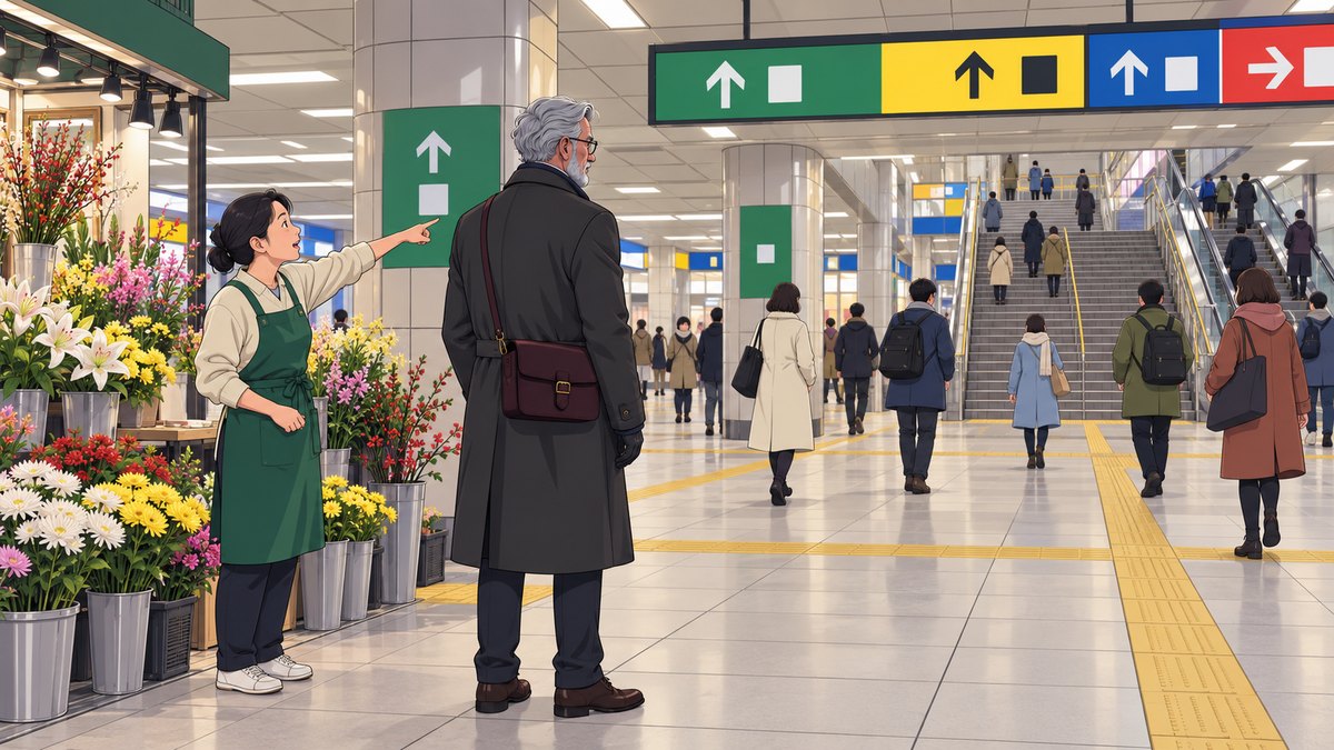 Henry stands in the vast concourse of Shinjuku Station among commuters in dark coats while a woman at a flower stall of chrysanthemums points with her whole arm at a staircase.