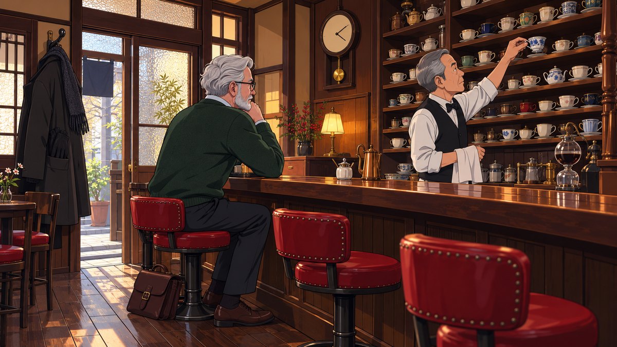 Behind the counter of an old Tokyo coffee house, the master in a white shirt and black waistcoat lifts a blue and white cup down from a long shelf of mismatched cups under a pendulum clock.