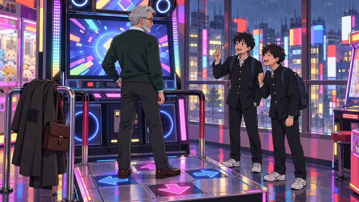 Henry mid-step on the arrow panels of an arcade dance game in Akihabara, arms out for balance, while two schoolboys in dark uniforms stand beside the platform, one holding up his fingers.