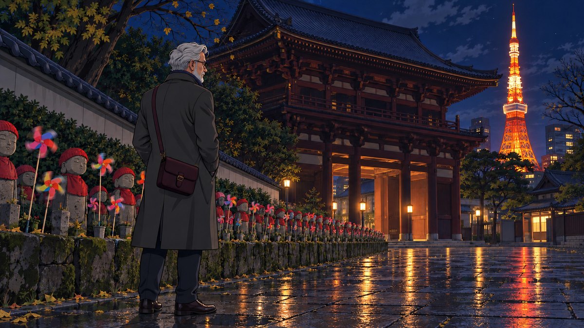 Henry stands before a row of knee-high stone figures in red knitted caps along a temple wall, their toy pinwheels blurred in the wind, Tokyo Tower lit orange above them in the night sky.