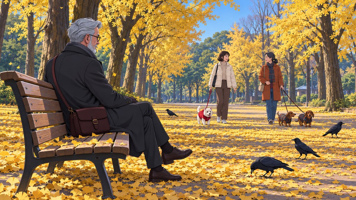 Henry on a bench under an avenue of yellow ginkgo trees in Yoyogi Park, the ground a thick carpet of fallen leaves, people walking small dogs in coats, black crows on the leaves.