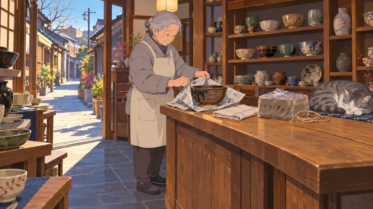 On a pottery shop counter in Yanaka, a heavy brown stoneware bowl with a dark glaze run down one side sits on newspaper beside a loaf-sized block of grey clay wrapped in plastic, a cat asleep further along.
