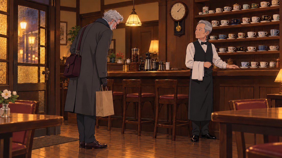 The coffee-house master in waistcoat and bow tie stands at the shelf of cups under the pendulum clock, having just set a blue and white cup back in its place among forty others.
